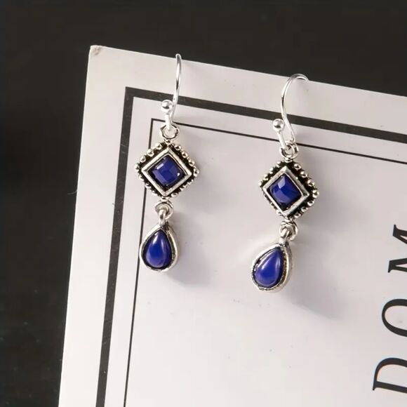 Silver Blue Lapis Lazuli Long Dangle Earrings Teardrop Diamond Drop Pendant New - Picture 2 of 6